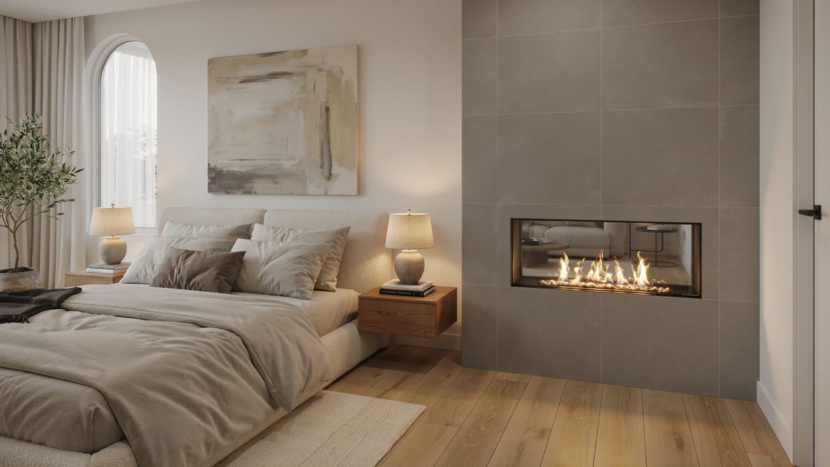 Large format grey tile partition holding a two sided linear gas firebox