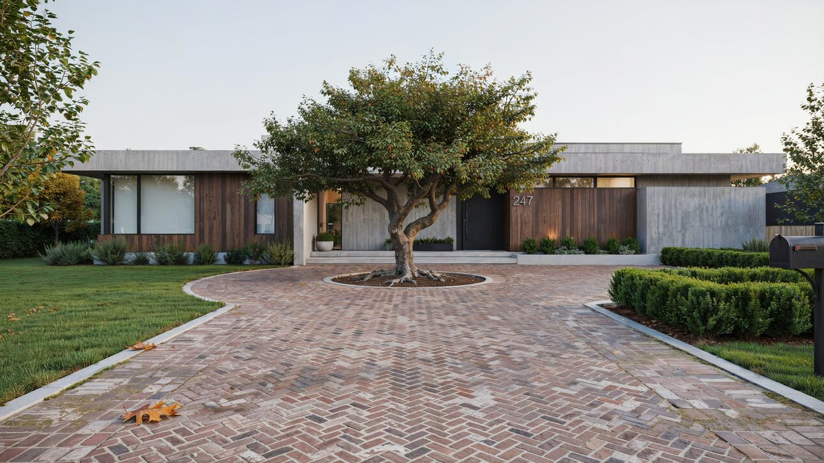 Red brick paver driveway curving around a mature tree in a circular planting bed