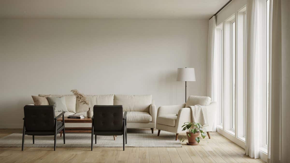 Room with black chairs, white lampshade and panel windows