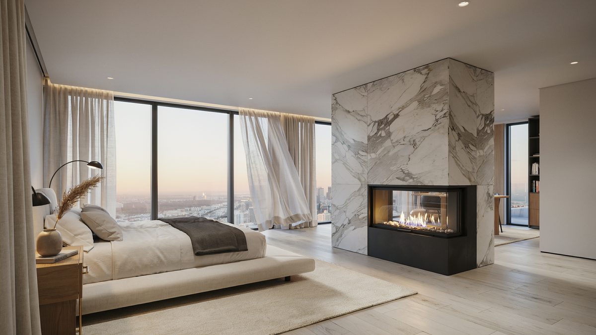 Book matched marble column with three sided flames beside floor to ceiling glass