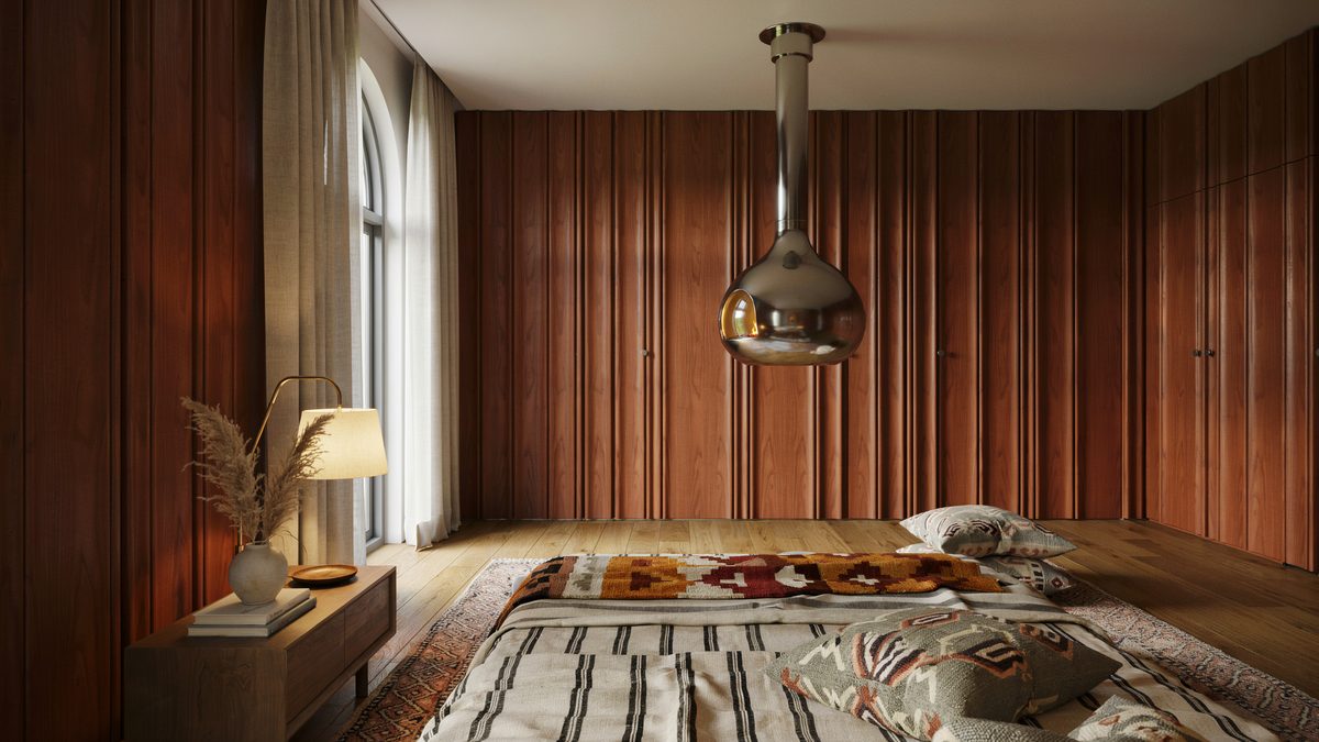 Polished steel bulb fireplace hanging from the ceiling above open plank flooring