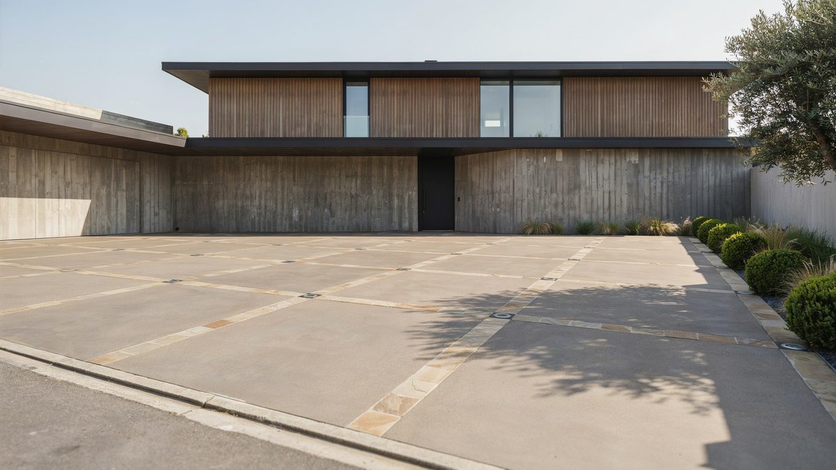 Concrete driveway scored into a wide geometric grid with pale stone infill panels