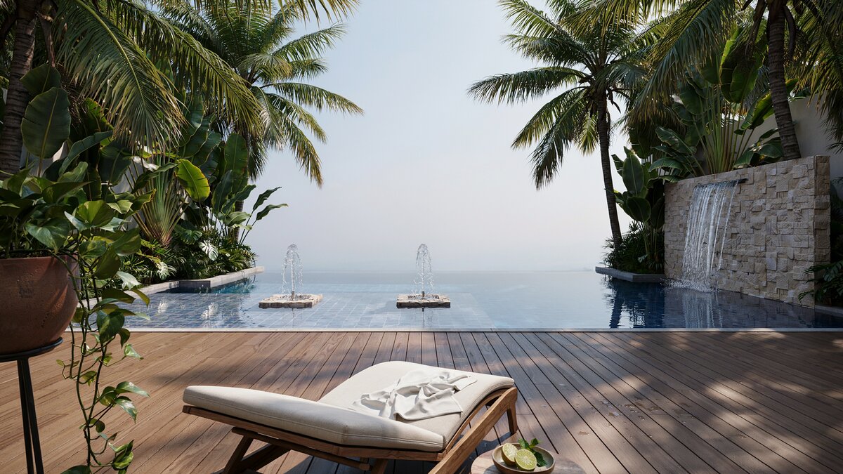 Dark bottom pool with planted water islands, wood deck and small waterfall