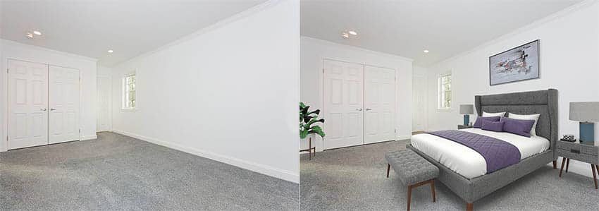 Before and after images of an empty room using photo staging software