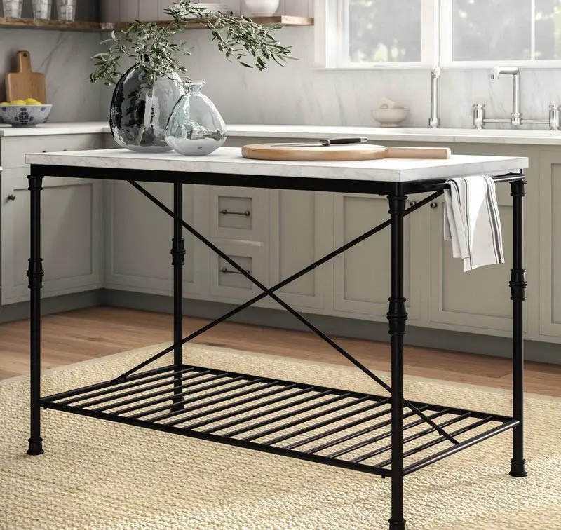 Portable marble top kitchen island with steel legs