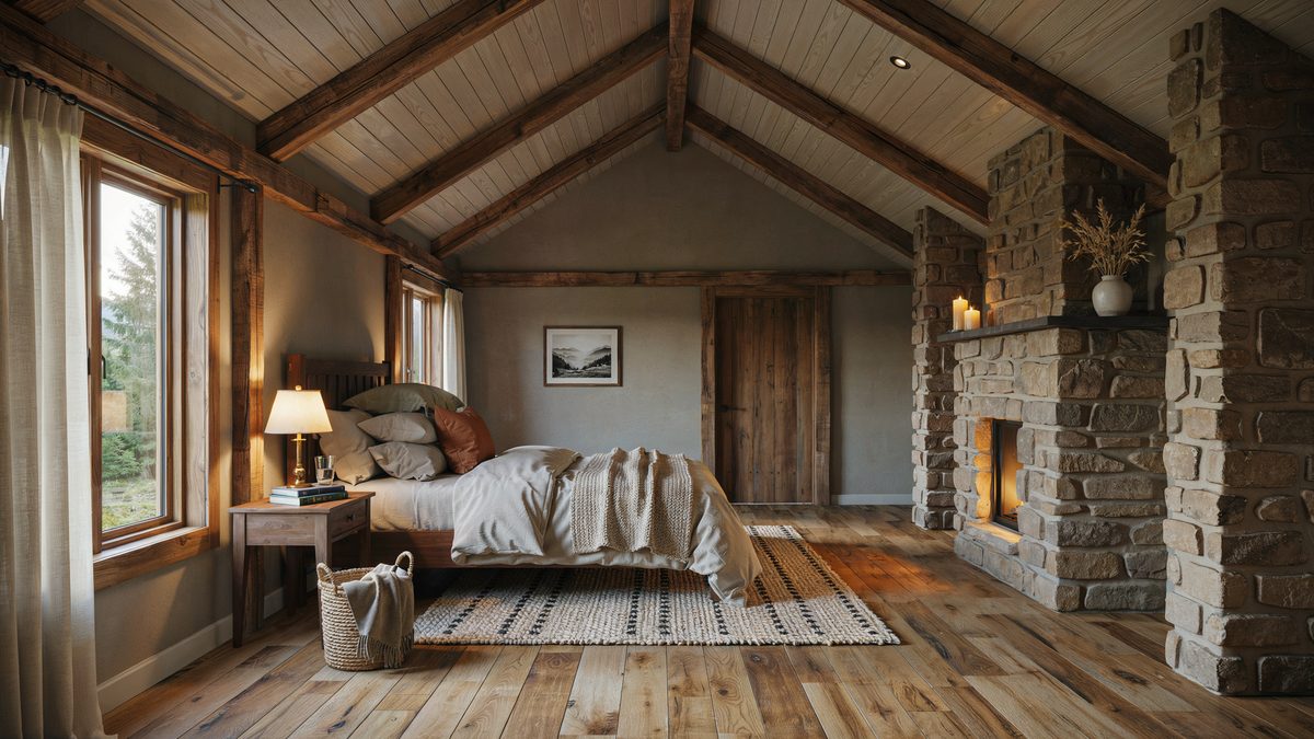 Full height stone chimney under a vaulted white ceiling with exposed rafters