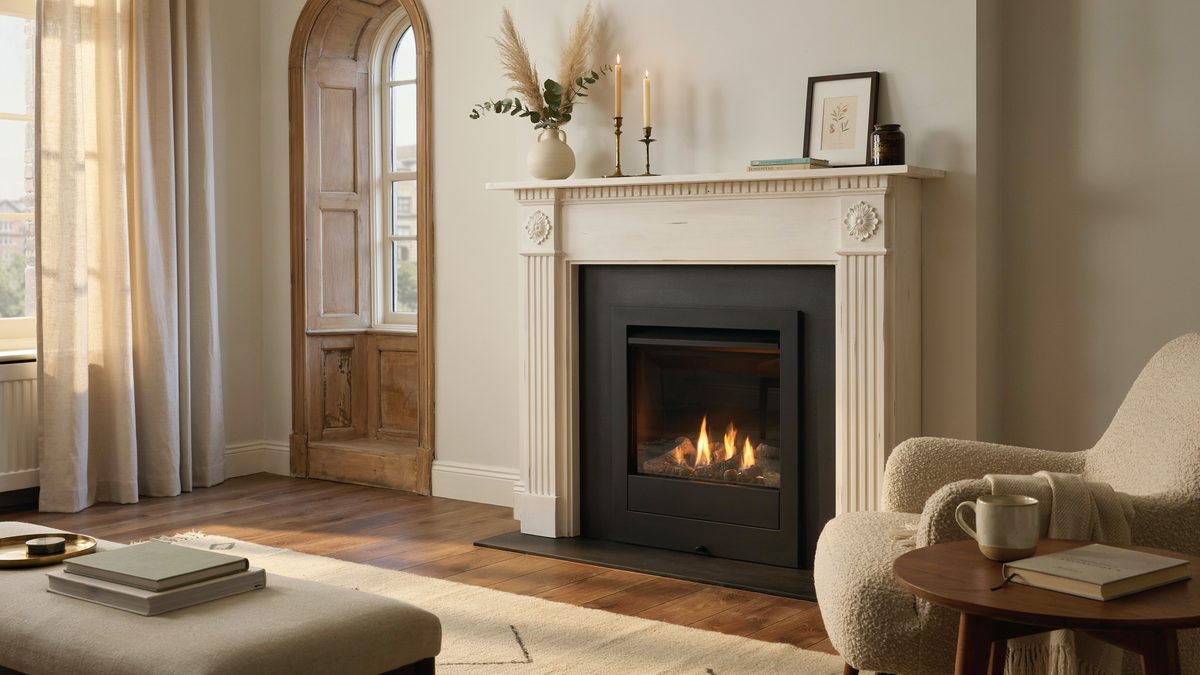 Tall white neoclassical mantel framing a matte black firebox beside boucle seating