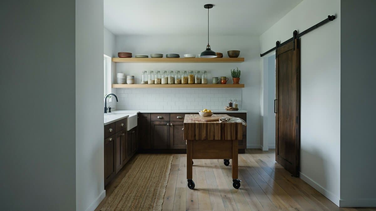 Sliding barn door and rolling wood island beside open shelving in muted blue