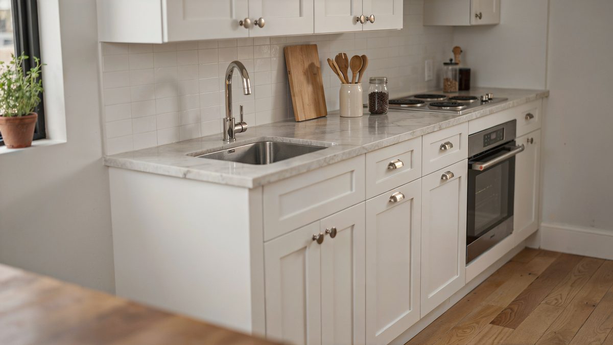 Compact white shaker kitchen with marble counter, undermount sink and built in oven