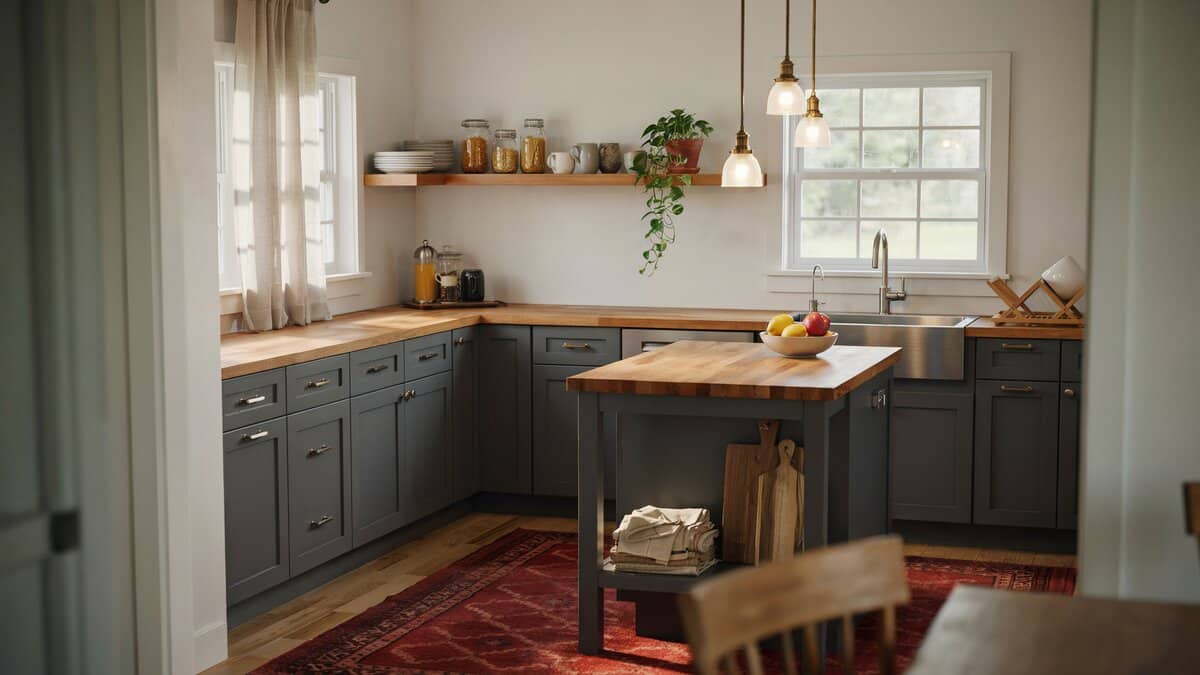 Butcher block counters and open shelves above a red patterned floor rug