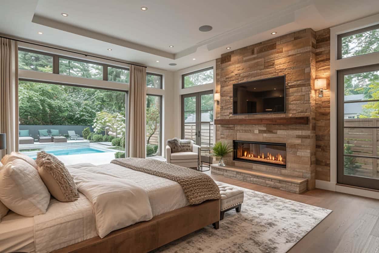 Stacked stone fireplace in a luxurious bedroom with pool views