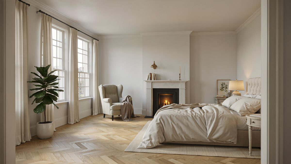 Painted wood mantel with an arched firebox across from an upholstered bed and plant