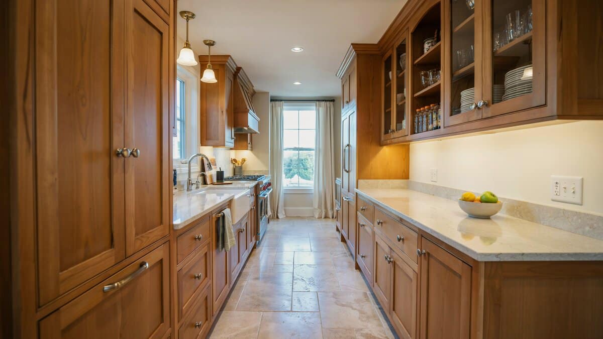 Narrow galley of glass front wood cabinets running toward a bright window