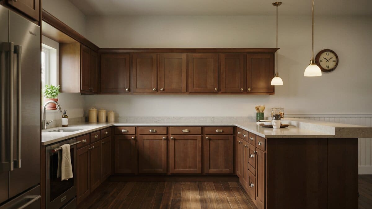 Walnut craftsman cabinets under pale quartz with a round clock on gray