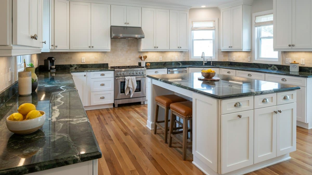 White shaker kitchen with dark green veined granite counters and wood floors
