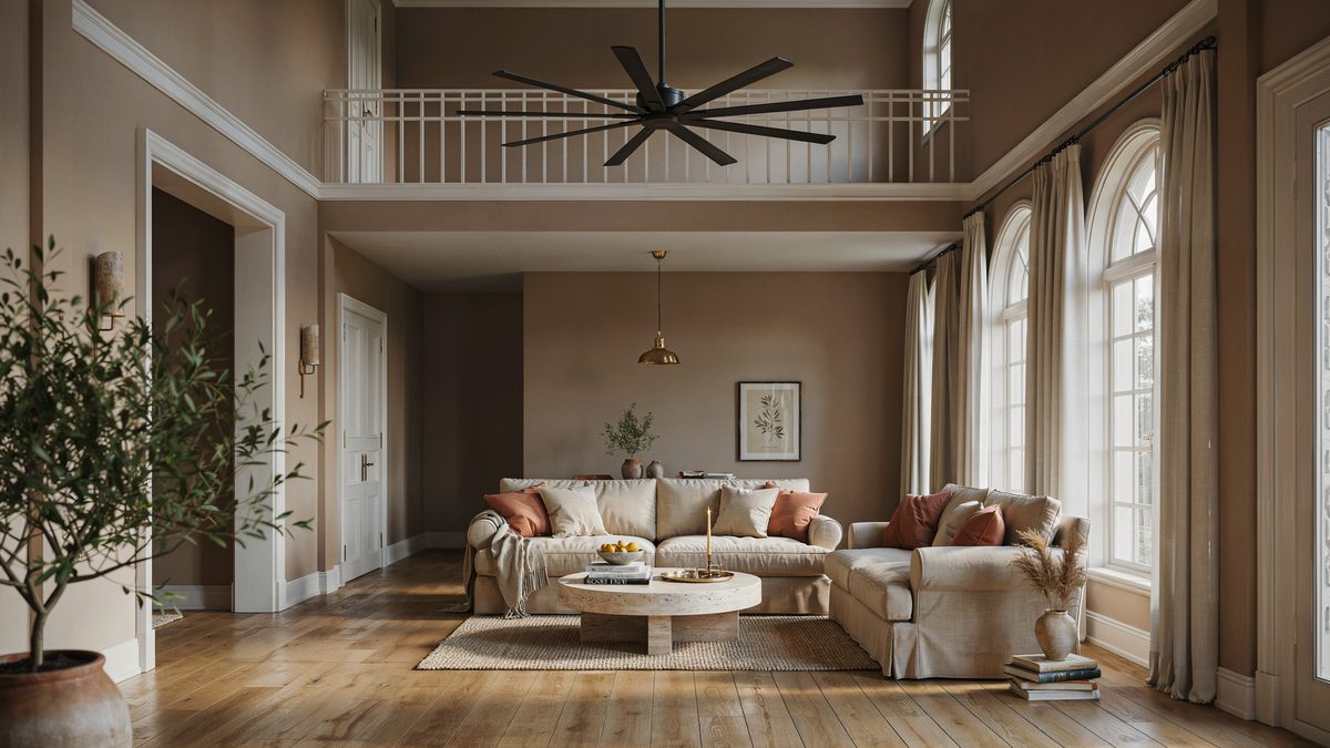 Room with hickory floors, white molding, brown walls and mezzanine floor