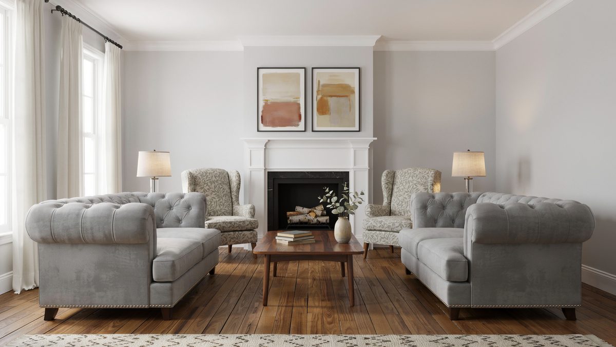 Transitional style room with light gray walls, wingback chairs and electric fireplace