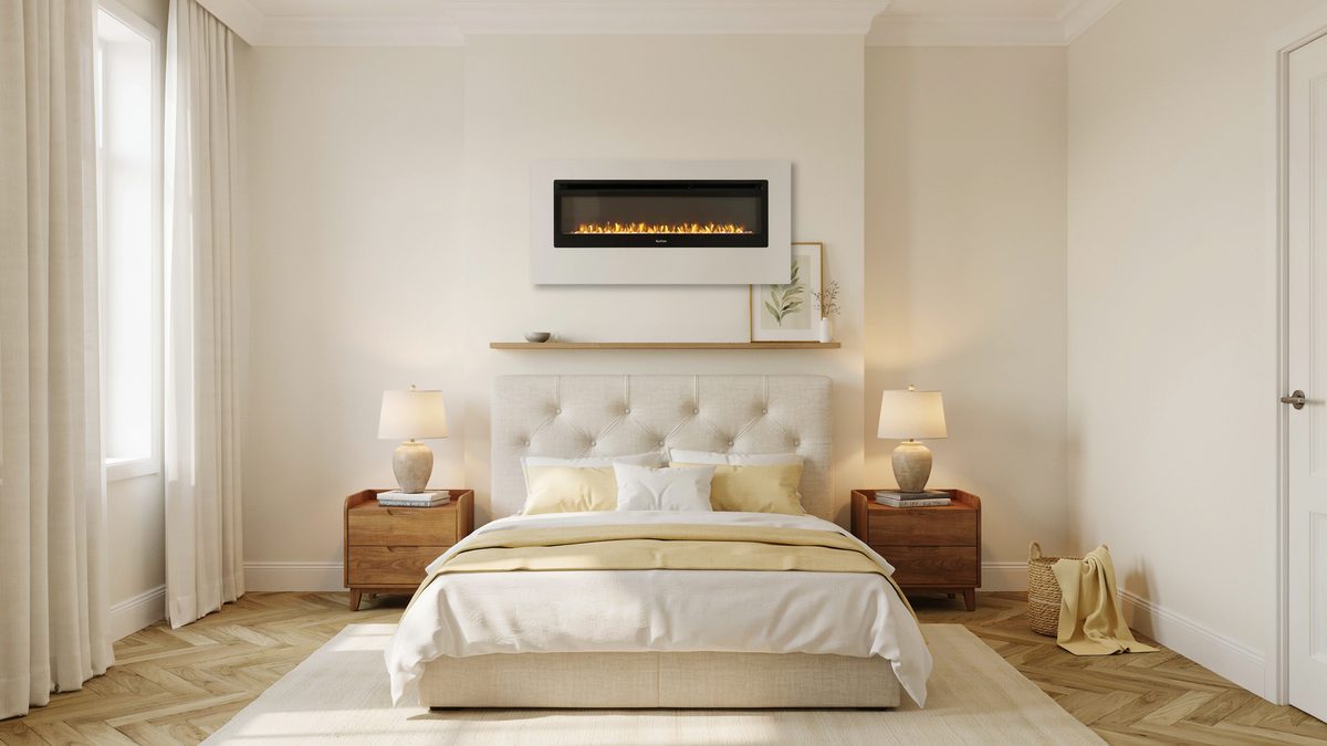 Wall mounted linear electric fireplace above a floating shelf and tufted headboard
