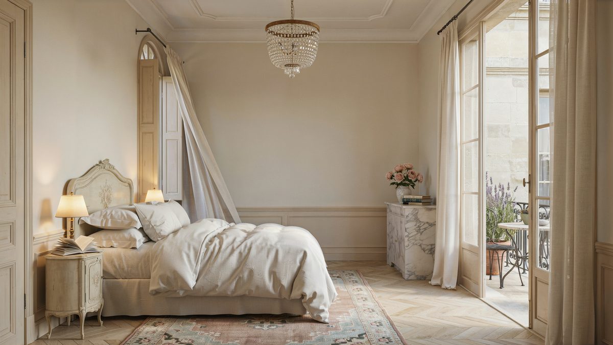 Cream bedroom with beaded basket chandelier and open doors to a balcony