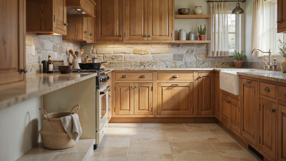 Warm wood cabinets with a stacked stone backsplash farmhouse sink and travertine floor