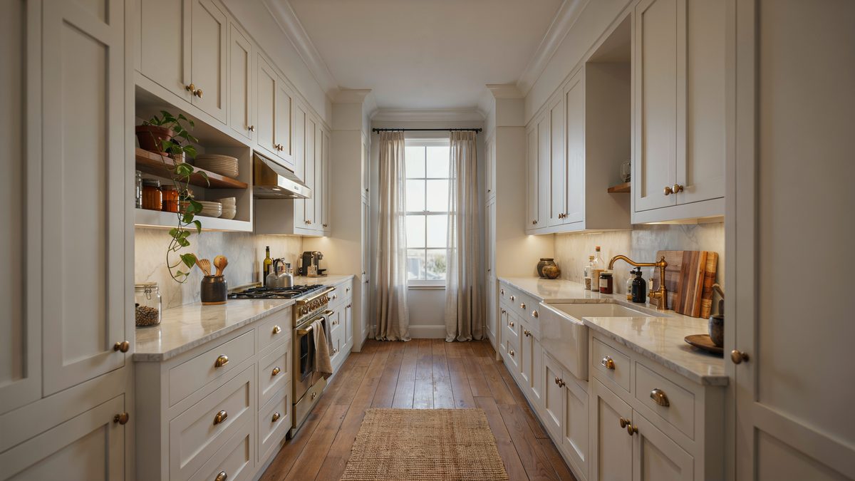 Narrow galley kitchen with cream shaker cabinets and warm teak plank floors