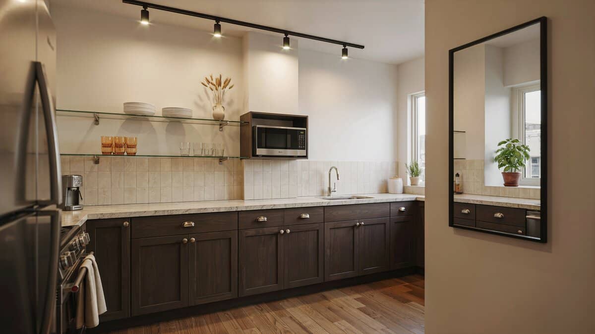 Track lighting and a leaning mirror expanding a slim transitional cabinet run