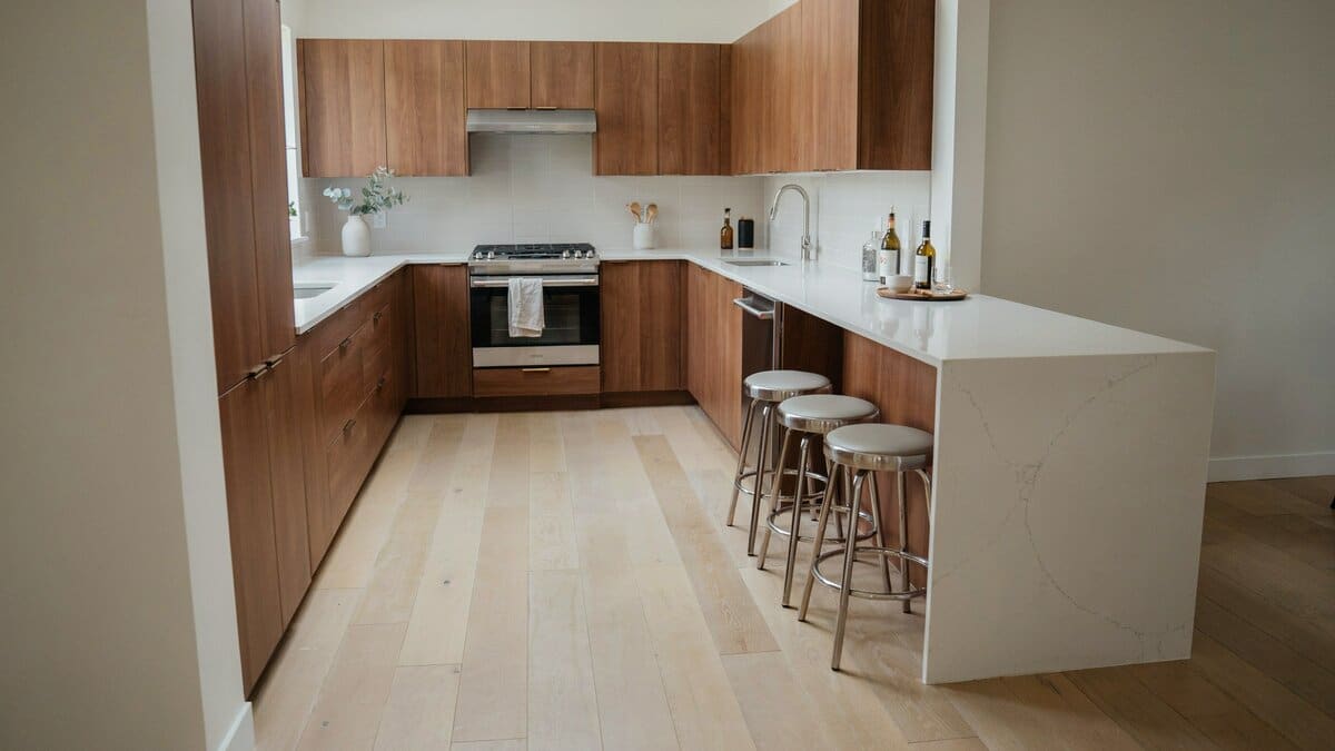Arctic white waterfall peninsula with chrome stools against warm brown cabinet fronts