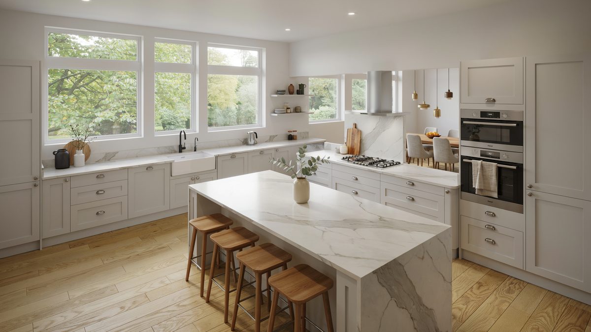 Large U shaped kitchen with marble island, wood stools and a window wall