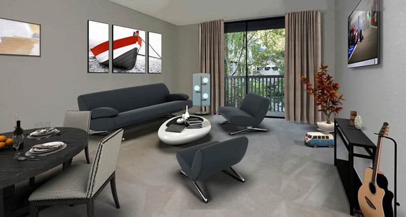 Living room with dark gray furniture and brown curtains