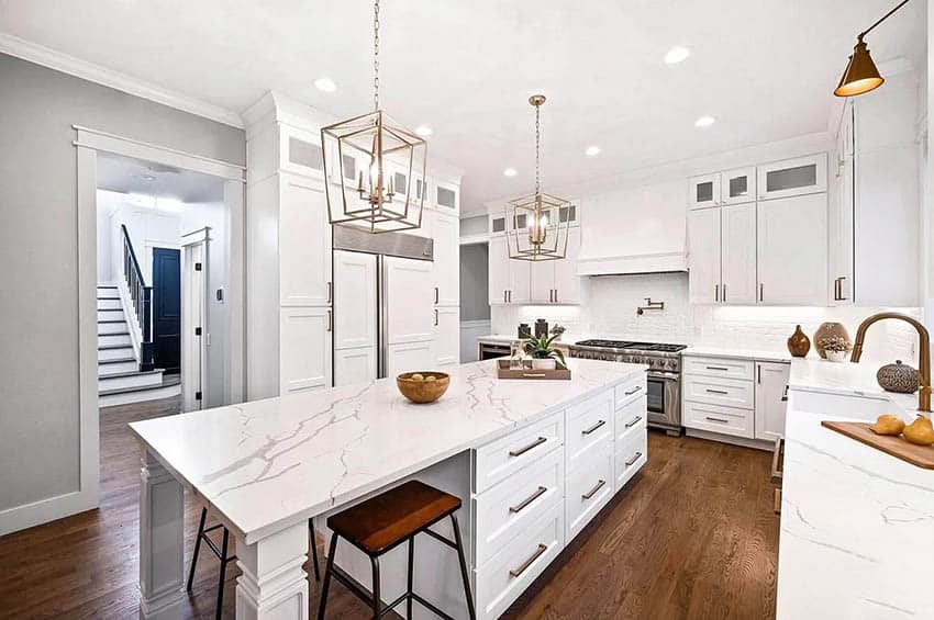 Kitchen with Shaker crafted cabinets and Calacatta quartz 