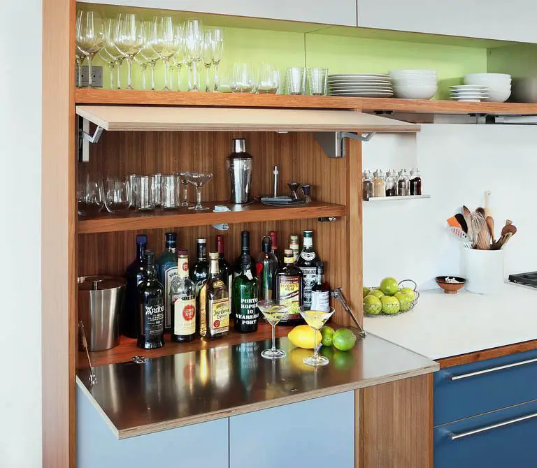 Contemporary kitchen bar with hinged shelf
