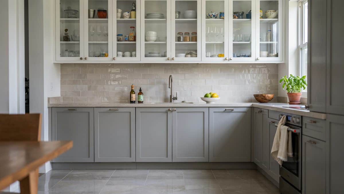 Gray base cabinets paired with glass front white uppers over pale tile flooring