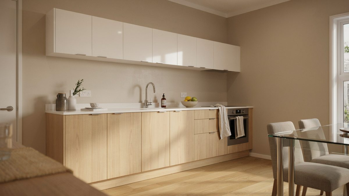 Glossy white uppers above light ashwood base cabinets and a white solid surface counter
