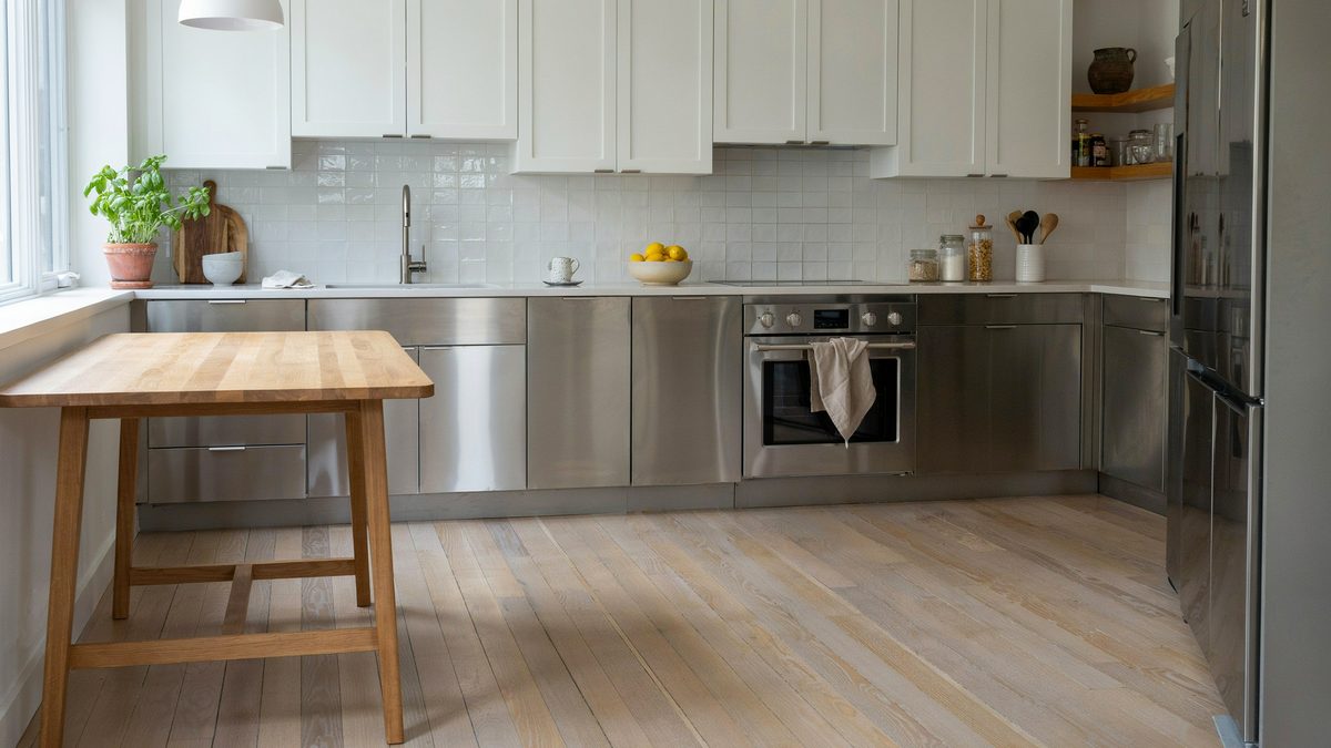 Stainless steel base cabinets under white uppers with a wood prep table alongside
