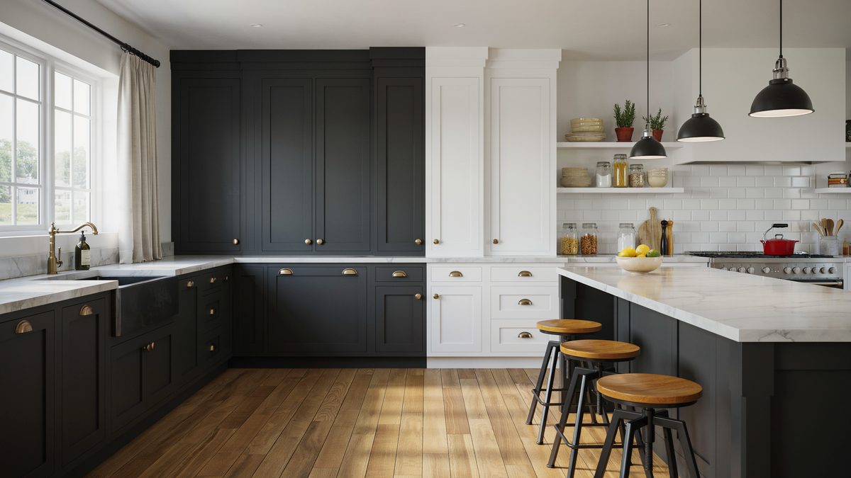 Country cabinets split into black and white zones around a marble breakfast bar