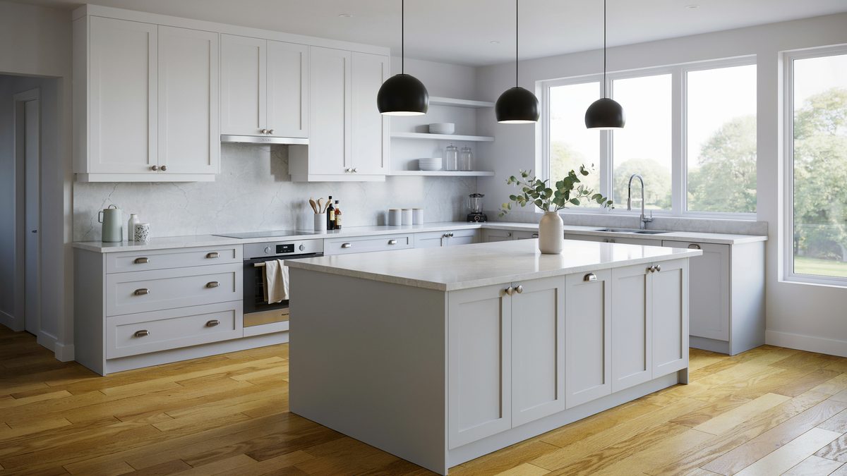 Light gray and white shaker cabinets on maple floors with black dome pendants