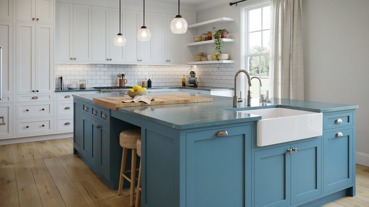 White shaker cabinets with a teal blue island, farmhouse sink and butcher block