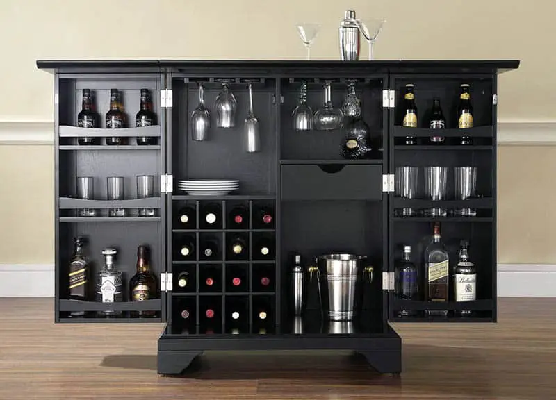 Home bar cabinet with glasses, wine and liquor