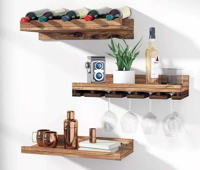 Home bar shelving with wine rack and glasses holder