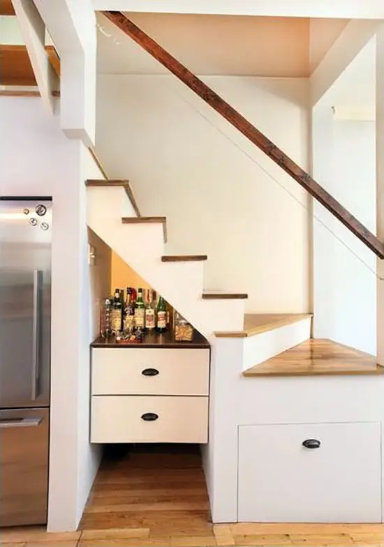 Home mini bar under stairs with drawers