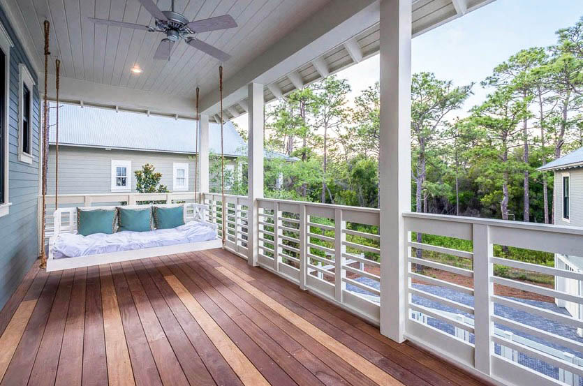 House porch deck with swinging love seat bench