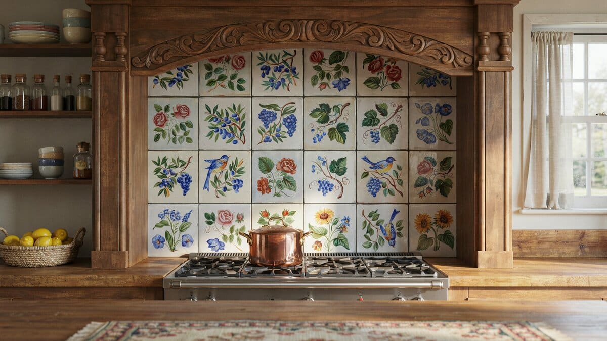 Hand painted floral tile mural framed by a carved wood hood surround