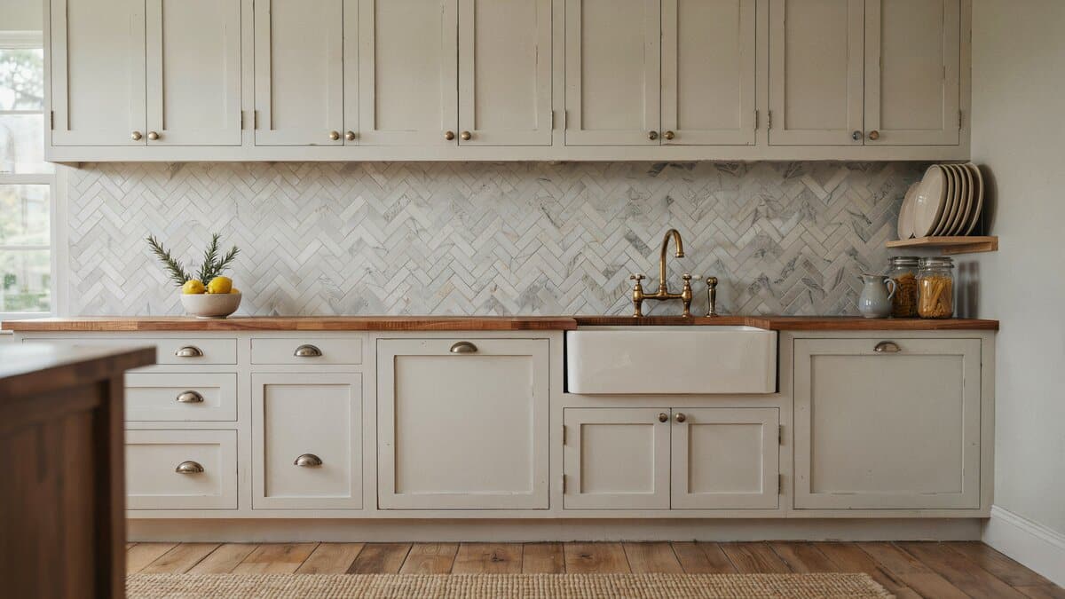 Marble herringbone tiles stretch above a farmhouse sink between cream cabinets