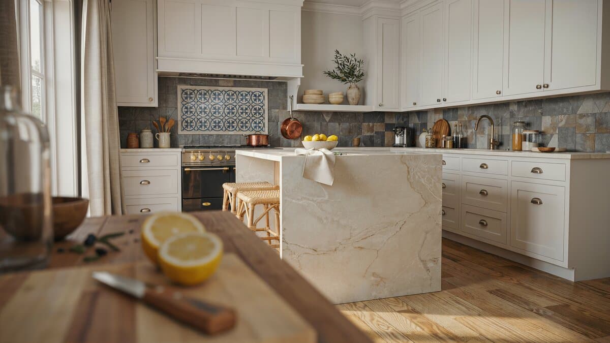 Patterned tile panel above the range with a marble waterfall island in front