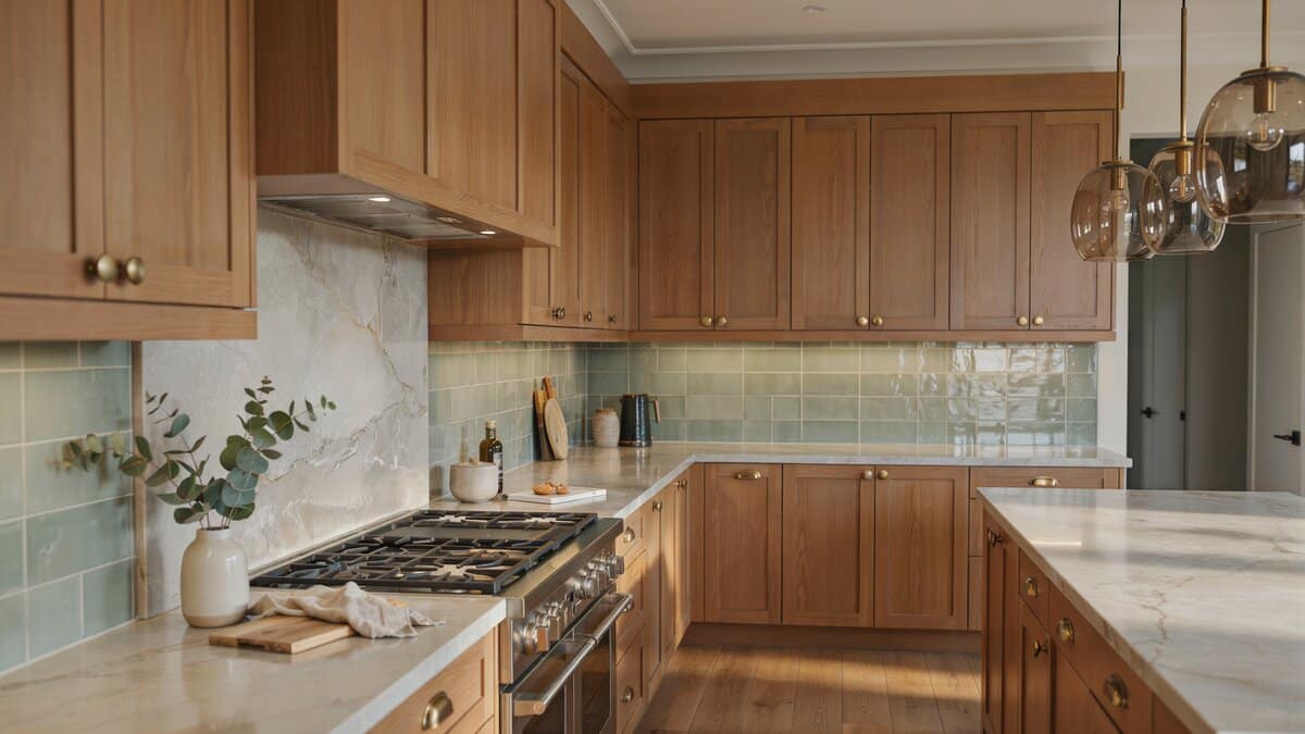 White stone slab behind the range with sage green tile along the side walls