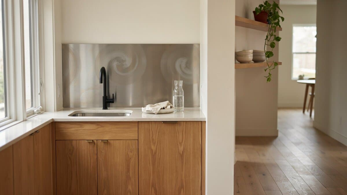 Brushed stainless panel with a swirled finish above a sink flanked by oak cabinets