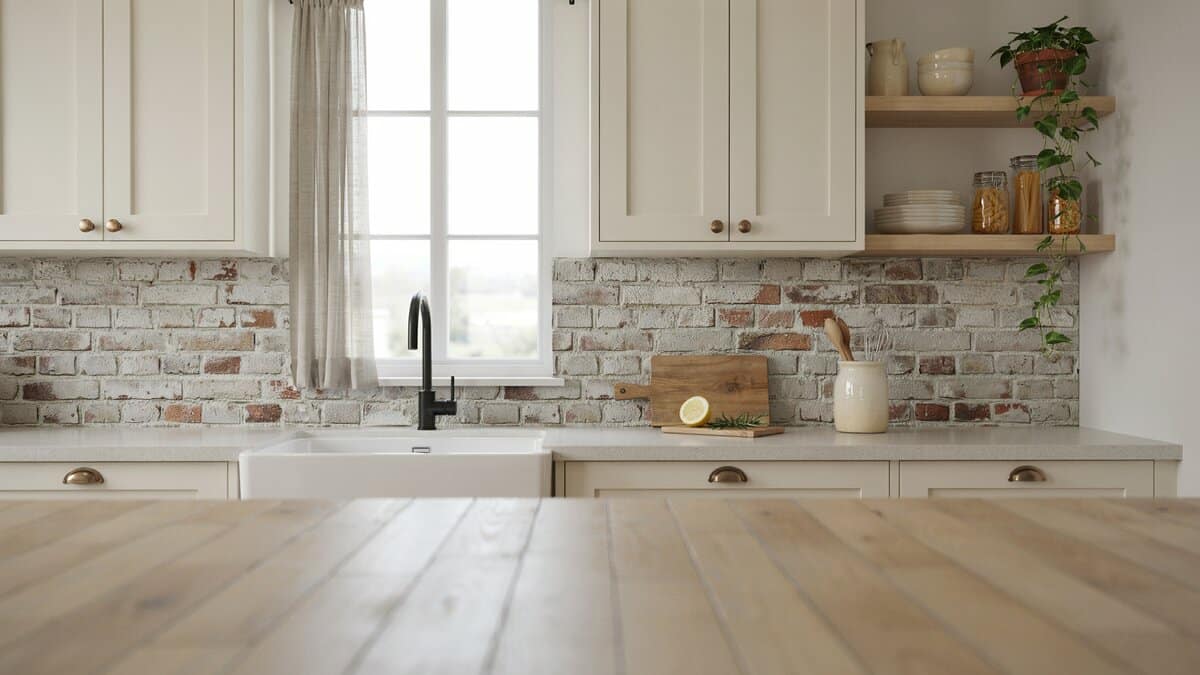 Whitewashed thin brick veneer wraps the wall above a white farmhouse sink