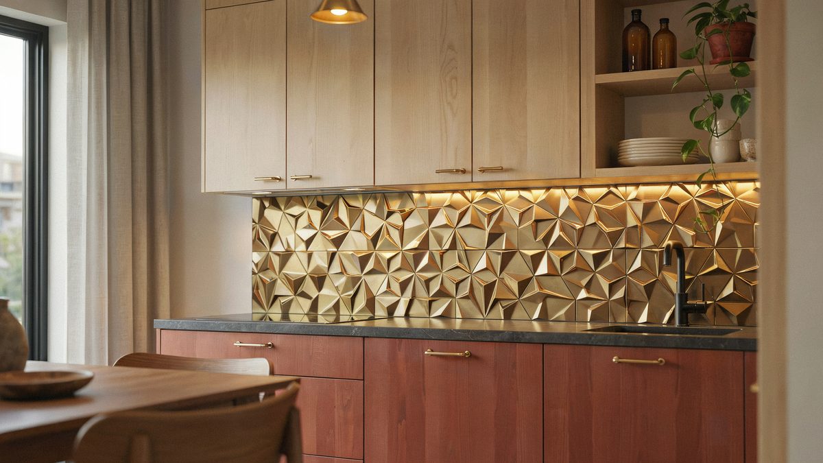 Pale wood uppers over red brown base cabinets with a gold faceted tile backsplash