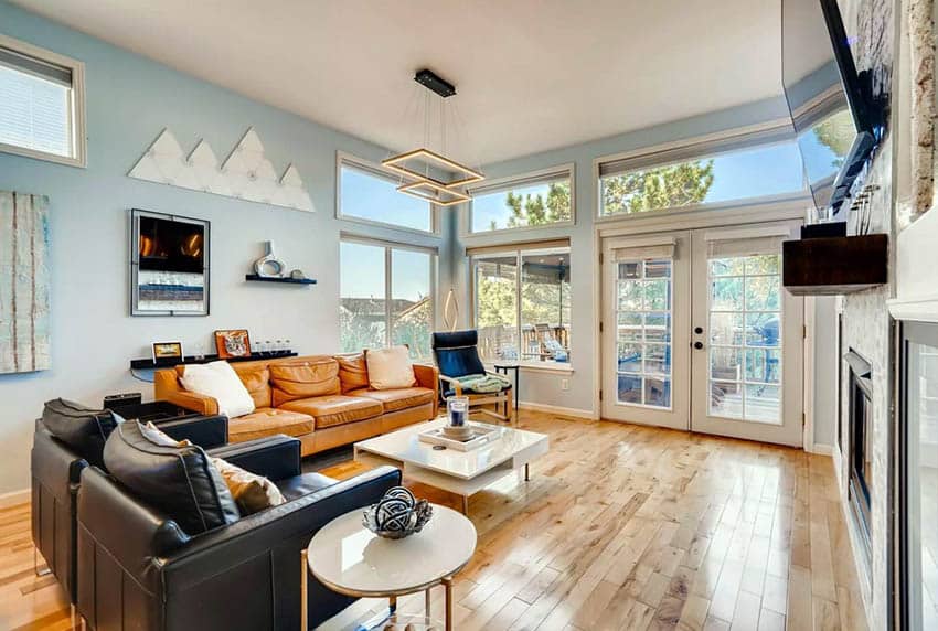 Living room with light blue paint and leather furniture
