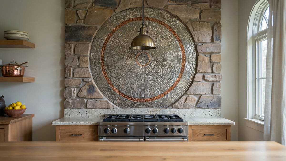 Round mosaic medallion set into a rough stacked stone wall above a pro range